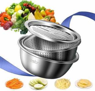 HPENTERPRISE 3 in 1 Kitchen Multipurpose Kitchen Stainless Steel Bowl, Drain Basket, Julienne Graters for Vegetable Cutter,Vegetable/Fruit Grater Kitchen Mesh Strainers(Set of 1 Strainer