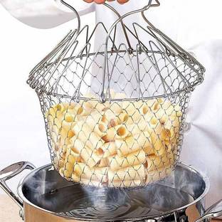 Muktbhav Stainless Steel Folding Expandable Fry Chef Basket Strainer Net Colander Cooking Steam Drain Rinse Filter Sieve Kitchen Tools Collapsible Deep Frying Basket