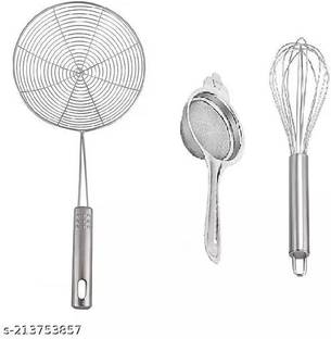 Aric Stainless Steel Deep Fry Jhara /Tea Strainer And Egg Beater Whisker Deep Frying Basket