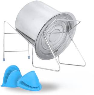 JSS Handsfree Rice Pot Drainer Stand with Heat Resistant Silicon Mittens Colander