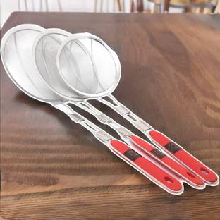 Nyra Steel Deep Fry Spoon Oil Strainer with U Shape Wooden Handle Jhara, Mesh Strainer