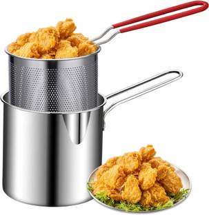 Estervig Small Deep Frying Pot with Strainer Basket 1200ml Fryer Pan with Long Handle Deep Frying Basket