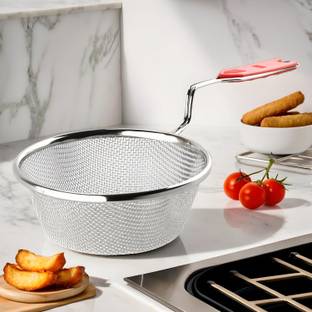 KUBER INDUSTRIES Steel Deep Fry Strainer for Kitchen, Cooking Jhara | 6 no. | Silver & Red Strainer