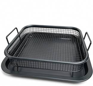 Kruvad Air Fryer Basket Oven - 2 Piece Stainless Steel Crisper Tray & Mesh Basket Set Collapsible Deep Frying Basket