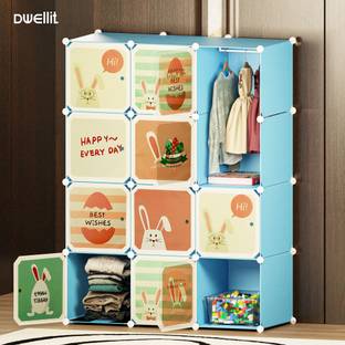 DWELLIT 12-Door Blue Kids Wardrobe PP Plastic Almari 144(H)*108(W)*46(D) cm Carbon Steel Collapsible Wardrobe