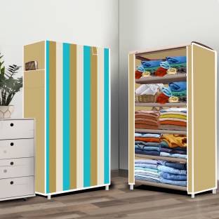systumm 5 Layer Beige Strip Print PP Collapsible Wardrobe