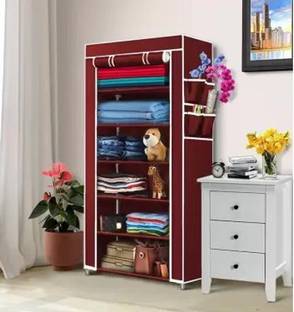 SHYAM JI Single Door 6 Shelf PP Collapsible Wardrobe (Finish Color - Maroon) Carbon Steel Collapsible Wardrobe