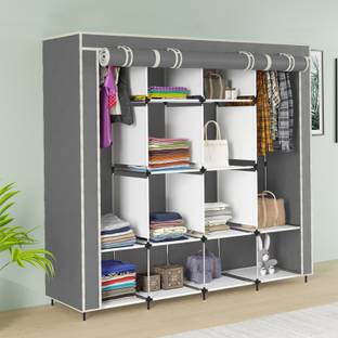 MS MODSTYLE portable Almirah Foldable closet for Clothes 12 Shelves , 1 Side Pocket (88170) PP Collapsible Wardrobe