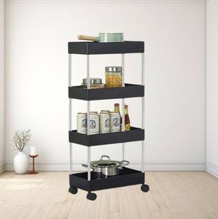 MAHADEV ENTERPRISE Fruits/Vegetables Kitchen Rack Plastic 4 Compartments Vegetable Stand Kitchen Trolley (BLACK)