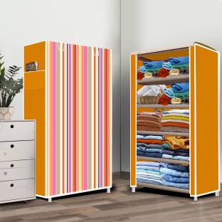 systumm 5 Layer Orange Strip Print PP Collapsible Wardrobe