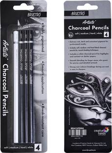 BRuSTRO Artists Charcoal Pencil (3 Black - Soft, Medium, Hard and 1 White - Medium) Round Shaped Color Pencils