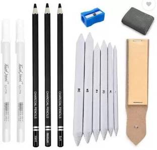 Ortan 2pc White Pen +3pc Charcoal Pencils + 6pc Stumps + Kneaded Eraser + SandPaper ( For Art & Craft ) Shaped Color Pencils