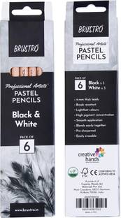 BRuSTRO Artists Pastel Pencils - (3 Black and 3 White) - 4mm lead Round Shaped Color Pencils