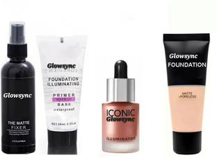 Glowsync Makeup combo of PRIMER+ FIXER+Foundation and Highlighter