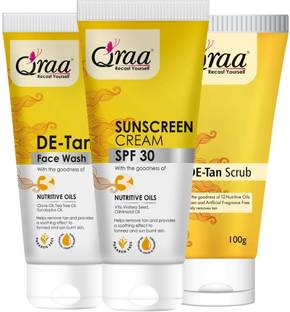 Qraa De Tan Combo Pack | Scrub 100gm, Face Wash 100gm & Sunscreen Cream SPF 30 100gm |Helps In Tan Removal & Dirt|