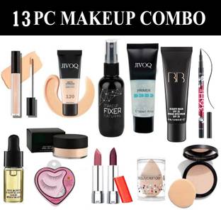JIVOQ 13Pc Makeup Combo Kit| Primer Fixer Foundation Conceler Puff Eyeliner Eyelash Face Serum Lipstik Loose Powder BB cream Compact