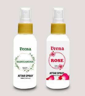 Veena Combo Attar Spray, for Home Temple Perfume and Attar for temple and Personal use (Rajnigandha & Rose 100 ml)