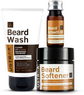 USTRAA Beard Lovers Pack (Beard Growth Oil-35ml, Beard Wash Woody-100ml & Beard Softener-100g)