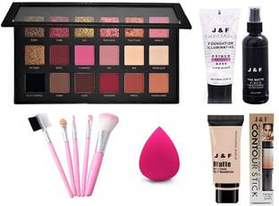 J & F Rosegold Eyeshadow ,5 Pc Brush, Primer,Fixer,Foundation,Contour, Puff