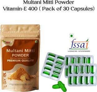 SKS BIOTECH Multani Mitti Powder for Tan Removal with Vitamin E 400mg Capsule for Skin & Hair Care