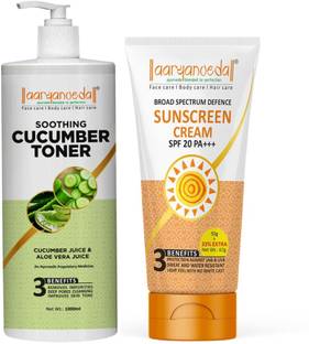 Aaryanveda Cucumber Toner (1000 ML) with Sunscreen Lotion SPF 20 for UV rays protection (60 gm) for Men and Women