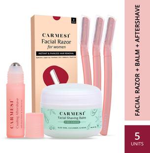Carmesi All-in-One Facial Shaving Kit for Women | 1 Pre-Shave Balm + 3 Reusable Face Razors + 1 Aftershave Roll On