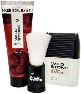 Wild Stone Ultra Sensual After Shave Lotion 50ml, Shaving cream 78 gm and Shaving Brush Combo