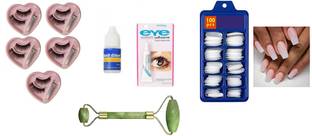 Lusty soul Combo of Face Roller, 5 Eyelashes, Nail Glue, Eye Glue & 100 Fake Nails