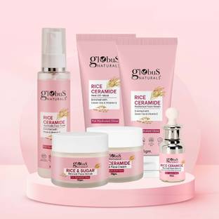 Globus Naturals Ceramide Glow Rice Radiance Combo For Korean Glass Skin Face Wash, Face Cream, Face Serum, Face Toner, Face Scrub, Peel off Mask