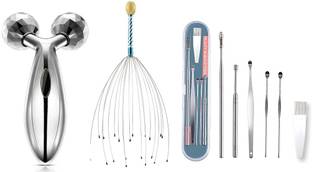 Lusty soul 3 D Full Body Massage for Face Lifting Wrinkle Remover, Silver, Head Scalp Massager & Ear Wax Cleaner Reusable Removal Kit Steel