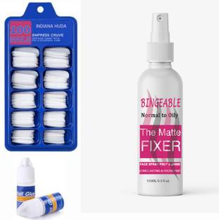 INDIANA HUDA 100 Pcs Reusable Acrylic False Nails With Nail Glue & Long Lasting Makeup Setting Fixer Spray