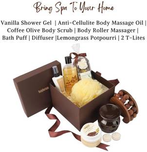 BodyHerbals Anti Cellulite Coffee Spa Hamper For Ultimate Bath & Body Experience (Vanilla Shower Gel 200ml, Apricot Body Massage Oil 65ml, Coffee Body Scrub 125gms, Body Roller Massager, Aroma Diffuser, Lemongrass Potpourri, Bath Puff) Bath Set & Kits, Body Care Gifts For loved ones, Birthday Gifts, Gifts for Couples, Sensual Bath, LuxuryBath, Gifts For Men and Women, Gifts for Girls and Boys, Wedding Gifts, Anniversary Gifts