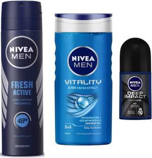 NIVEA Fresh Active 150ml deo Vitality 250ml Sg and Deep Impact roll on 50ml Set of 3