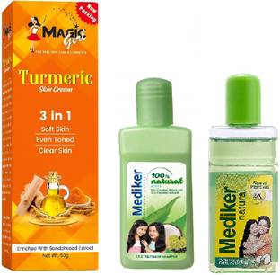 magic girl TURMERIC CREAM 50GRM AND MEDIKER NATURAL ANTI LICE HAIR SHAMPOO AND OIL