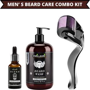 Phillauri Beard Growth combo for men Beard (Growth Oil 30ML + Beard Wash 200ML + Derma Roller 0.5mm)
