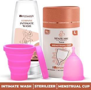 senziwash Truecup Large Reusable Menstrual Cup & Sterilizer Cup with Natural Vaginal Intimate Wash for Women Combo Pack