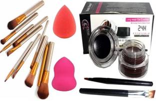 Jollity Make Up Brushes Set Of 12 & Gel Eyeliner Black Brown & Sponge Puff 2 Piece