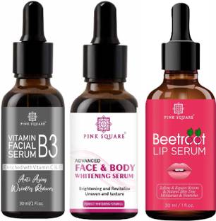 Pink Square Vitamin B3 Face Serum, Face-Body Whitening Serum & Beetroot Lip Serum (Each,30ml)