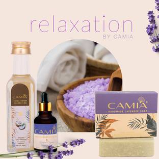 CAMIA Relaxation Kit- Lavendar Essential Oil (15 ML) + Cold-Pressed Coconut Oil (100 ML) + Lavender Handmade Soap (125 G)