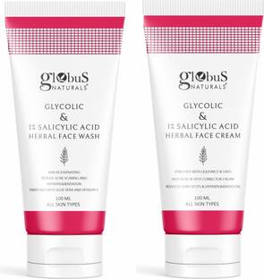Globus Naturals Glycolic & 1% Salicylic Acid Anti-Acne Face care Combo - Face wash | Face Cream