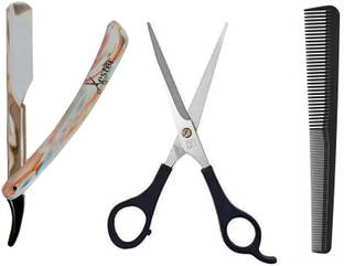 Xester Professional Hair Cutting Kit at Home - Barber Hair Cutting Scissors , Stainless Steel Plastic handle Folding Razor (Color), Styling Salon Barber Carbon Anti static Hair Cutting Styling Comb for men and women (pack of 3)