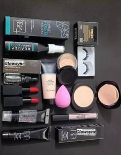 Glowsync Makeup kit combo,Essential Oil,Primer,foundation, Concealer, Loose Powder,Puff, Fixer, Compact ,2 lipstick,eyelashes (12 Items)