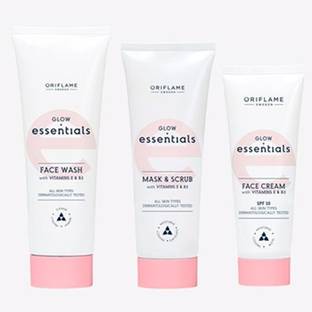 Oriflame ESSENTIALS Glow Essentials Face Wash with Vitamins E & B3 125 ml , Mask & Scrub 75 ml , Face Cream 50 ml