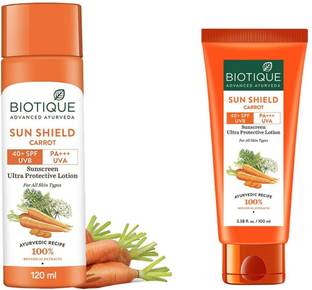 BIOTIQUE Sunscreen - SPF 50 PA+++ Carrot Sunscreen Lotion 120 ML & Carrot Sunscreen Lotion 100 ML