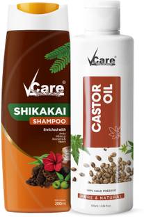 Vcare Shikakai Shampoo 200ml, Cold Pressed Castor Oil for Hair & Skin 100ml Combo Pack