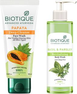 BIOTIQUE Face & Body Care Combo Basil & Parsley Revitalizing Body Wash & Papaya Deep Cleanse Face Wash