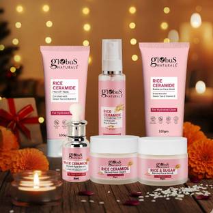 Globus Naturals Ceramide Glow Rice Radiance Combo For Korean Glass Skin Face Wash, Face Cream, Face Serum, Face Toner, Face Scrub, Peel off Mask