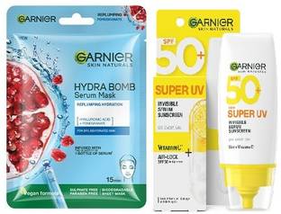 GARNIER BRIGHT COMPLETE SPF 50 PA+++ for UVA/B Invisible Serum Sunscreen for Broad Spectrum with No White Cast + POMEGRANTE BLUE MASK**