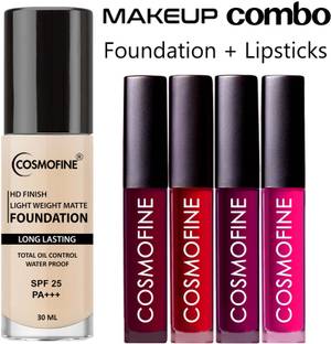 cosmofine Full Coverage Matte Finish Foundation Waterproof with SPF 25 (30 ML) + Lipstick Red Shade (4 Pack)