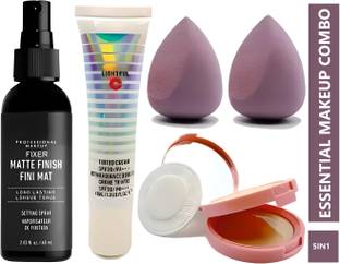 HUDA CRUSH BEAUTY 5 in 1 Makeup Kit of LightFul-C Face Primer,Fixer,2 in 1 Compact Powder And 2 Makeup Blender Sponge